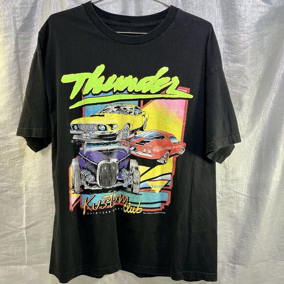 VINTAGE-J.Galt Thunder Kustom Club Car Rally Black 1984-80s Retro Graphic TShirt - Picture 1 of 7